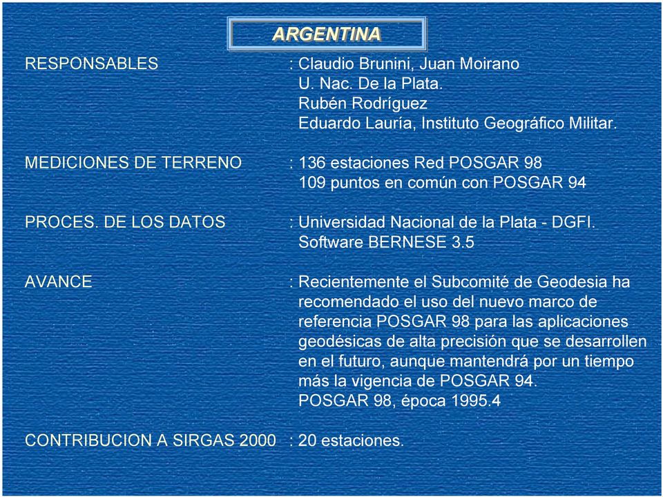 DE LOS DATOS AVANCE CONTRIBUCION A SIRGAS 2000 : Universidad Nacional de la Plata - DGFI. Software BERNESE 3.