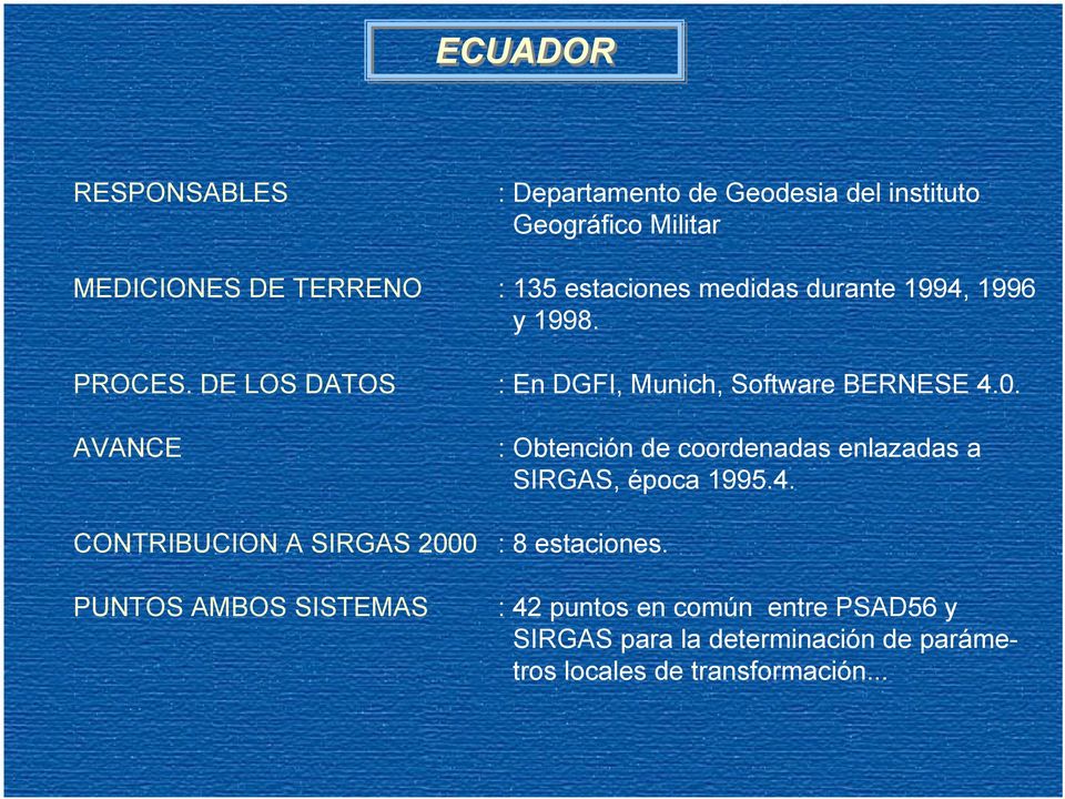 AVANCE CONTRIBUCION A SIRGAS 2000 PUNTOS AMBOS SISTEMAS : Obtención de coordenadas enlazadas a SIRGAS, época 1995.