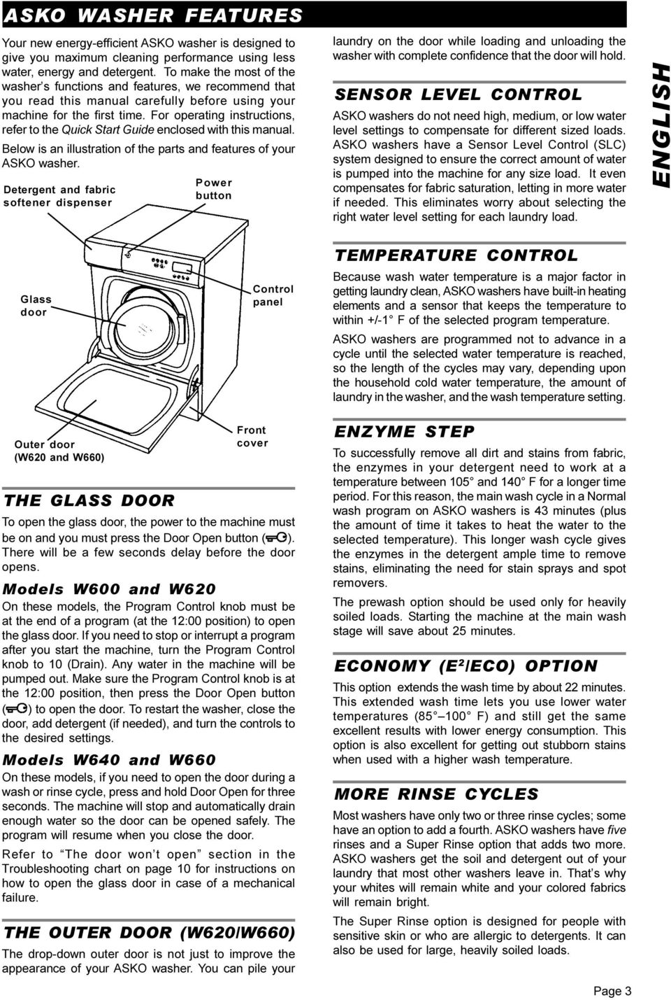 For operating instructions, refer to the Quick Start Guide enclosed with this manual. Below is an illustration of the parts and features of your ASKO washer.