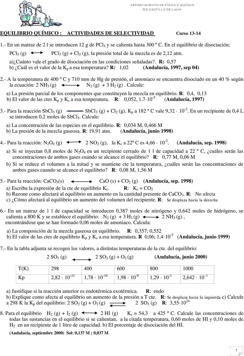 . R: 0,57 b) Cuál es el valor de la K p a esa temperatura? R: 1,02 (Andalucía, 1997, sep 04) 2.
