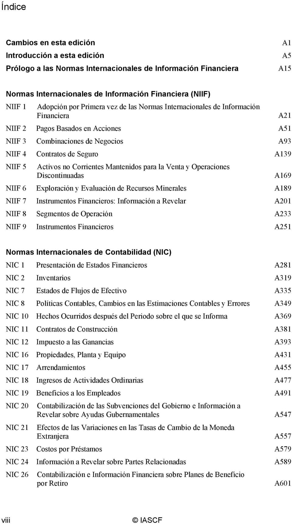 Activos no Corrientes Mantenidos para la Venta y Operaciones Discontinuadas A169 NIIF 6 Exploración y Evaluación de Recursos Minerales A189 NIIF 7 Instrumentos Financieros: Información a Revelar A201