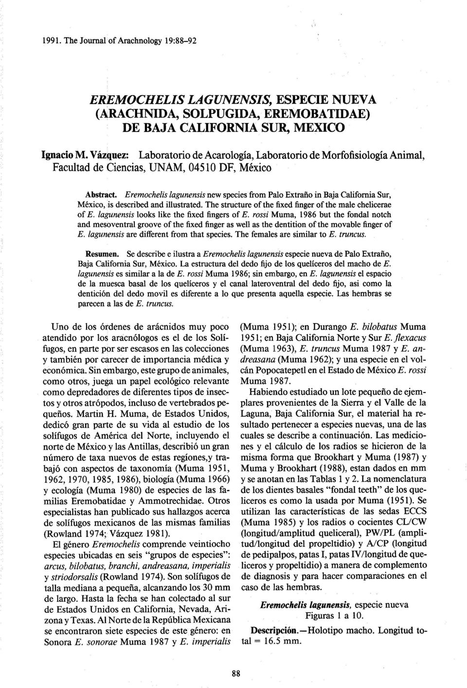 Eremochelis lagunensis new species from Palo Extrano in Baja California Sur, Mexico, is described and illustrated. The structure of the fixed finger of the male chelicera e of E.