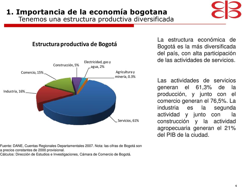 3% Servicios, 61% La estructura económica de Bogotá es la más diversificada del país, con alta participación de las actividades de servicios.