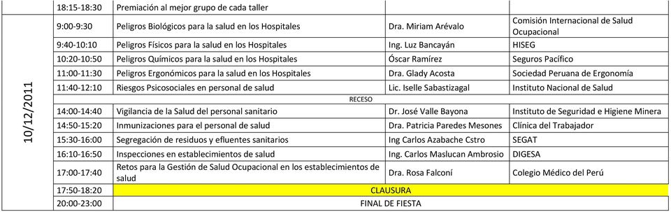 Luz Bancayán HISEG 10:20 10:50 Peligros Químicos para la salud en los Hospitales Óscar Ramírez Seguros Pacífico 11:00 11:30 Peligros Ergonómicos para la salud en los Hospitales Dra.