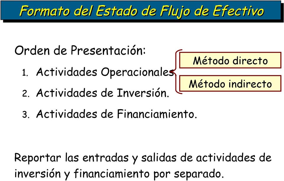 Método directo Método indirecto 3. Actividades de Financiamiento.