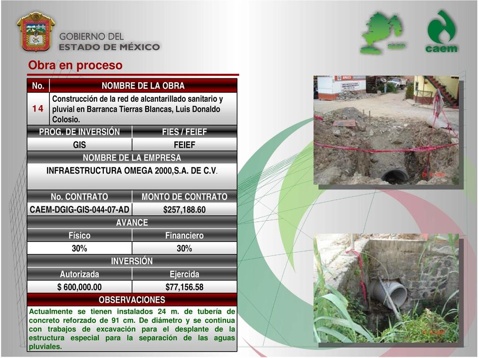 60 30% 30% $ 600,000.00 $77,156.58 Actualmente se tienen instalados 24 m. de tubería de concreto reforzado de 91 cm.