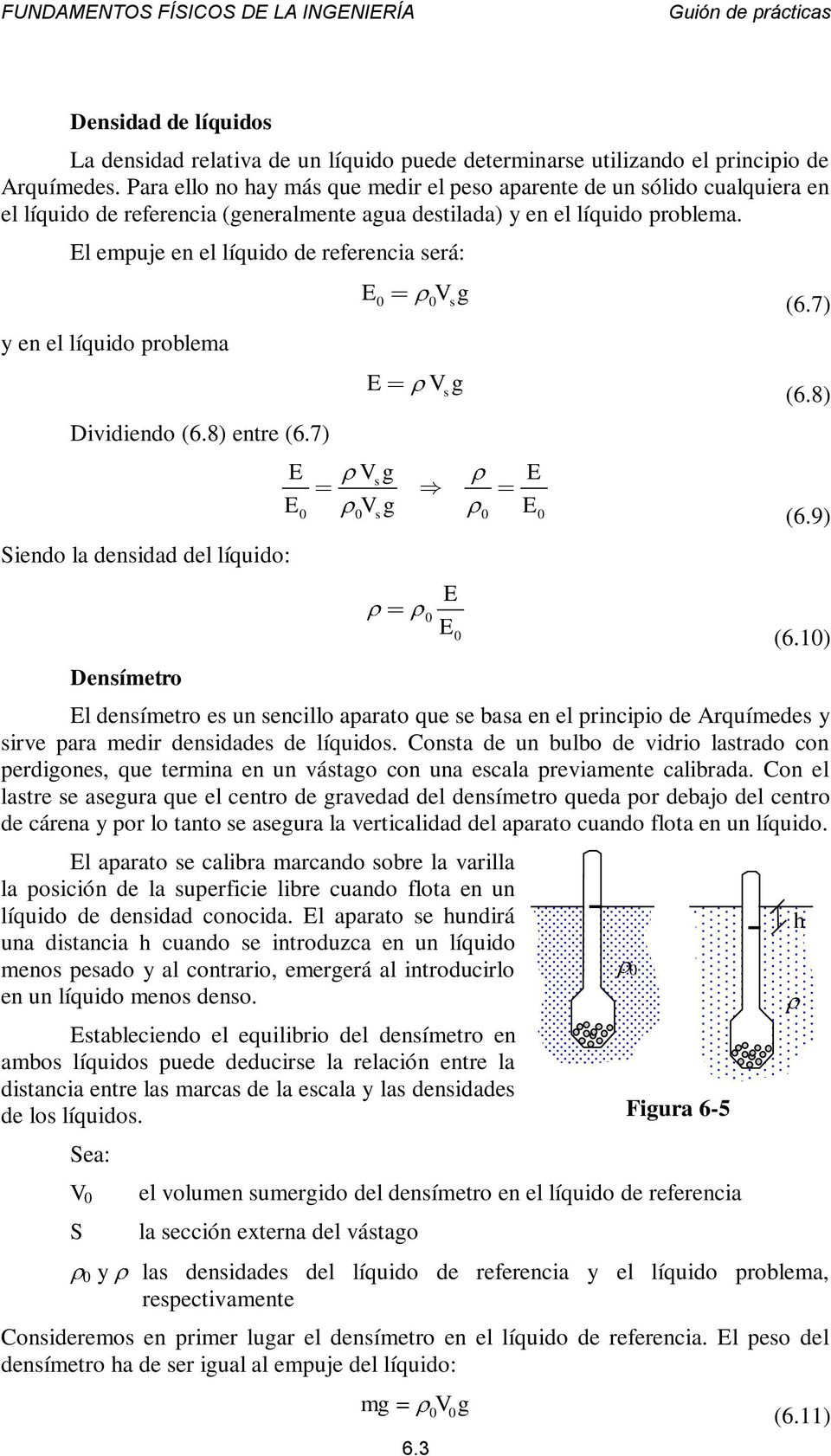 El empuje en el líquido de referencia será: y en el líquido problema Dividiendo (6.8) entre (6.7) Siendo la densidad del líquido: Densímetro E s E 6.3 E Vsg E E E s s E E (6.7) (6.8) (6.9) (6.
