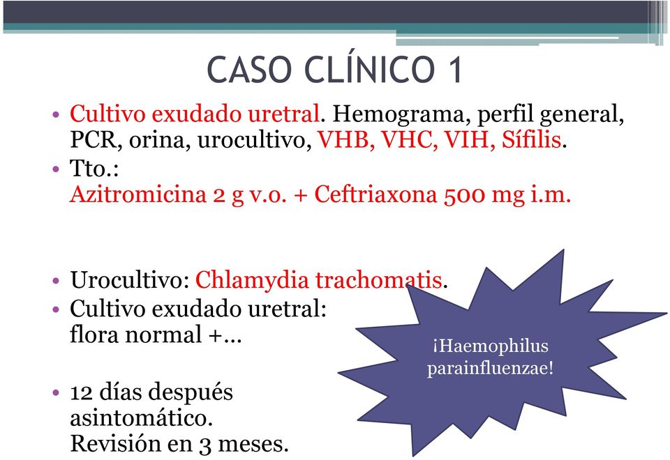 : Azitromicina 2 g v.o. + Ceftriaxona 500 mg i.m. Urocultivo: Chlamydia trachomatis.