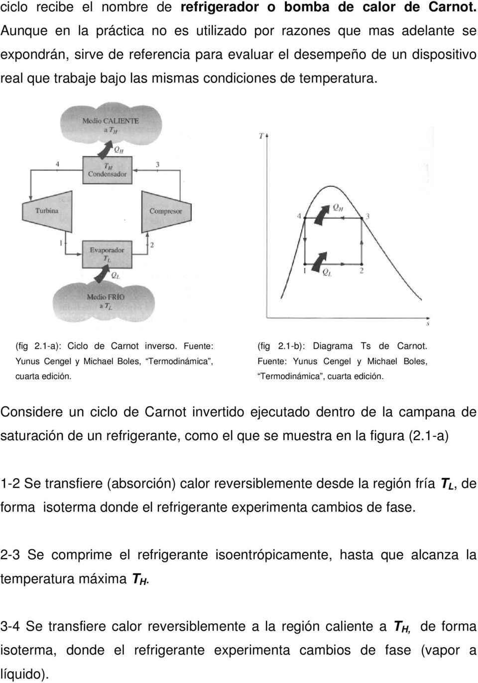 temperatura. (fig.-a): Ciclo de Carnot inverso. Fuente: Yunus Cengel y Michael Boles, Termodinámica, cuarta edición. (fig.-b): Diagrama Ts de Carnot.