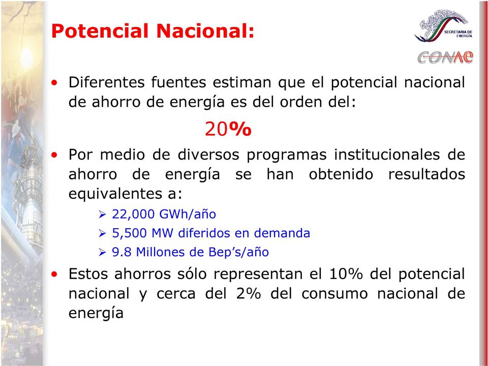 resultados equivalentes a: 22,000 GWh/año 5,500 MW diferidos en demanda 9.