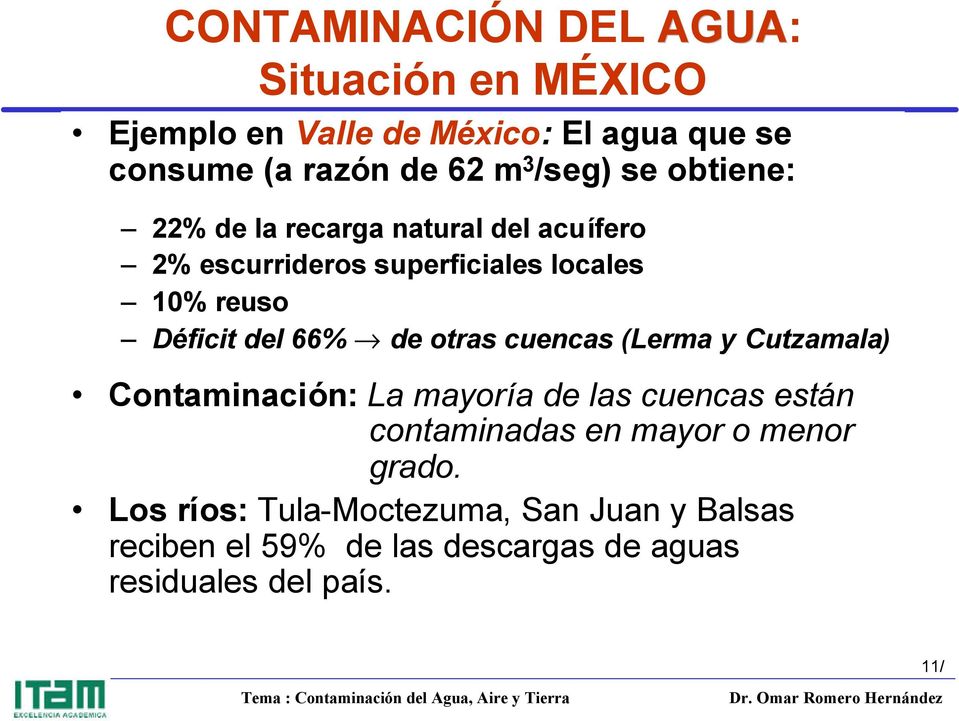 66% fi de otras cuencas (Lerma y Cutzamala) Contaminación: La mayoría de las cuencas están contaminadas en mayor o