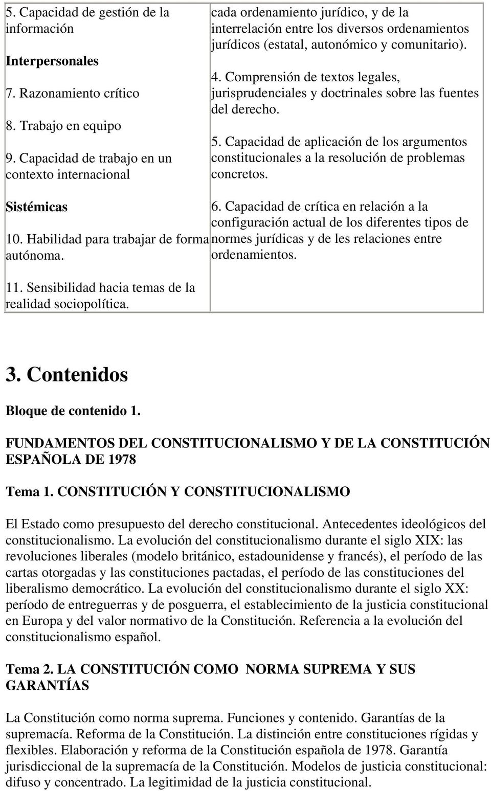 Comprensión de textos legales, jurisprudenciales y doctrinales sobre las fuentes del derecho. 5. Capacidad de aplicación de los argumentos constitucionales a la resolución de problemas concretos.