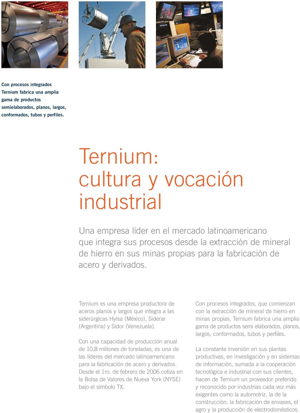 acero y derivados. Ternium es una empresa productora de aceros planos y largos que integra a las siderúrgicas Hylsa (México), Siderar (Argentina) y Sidor (Venezuela).