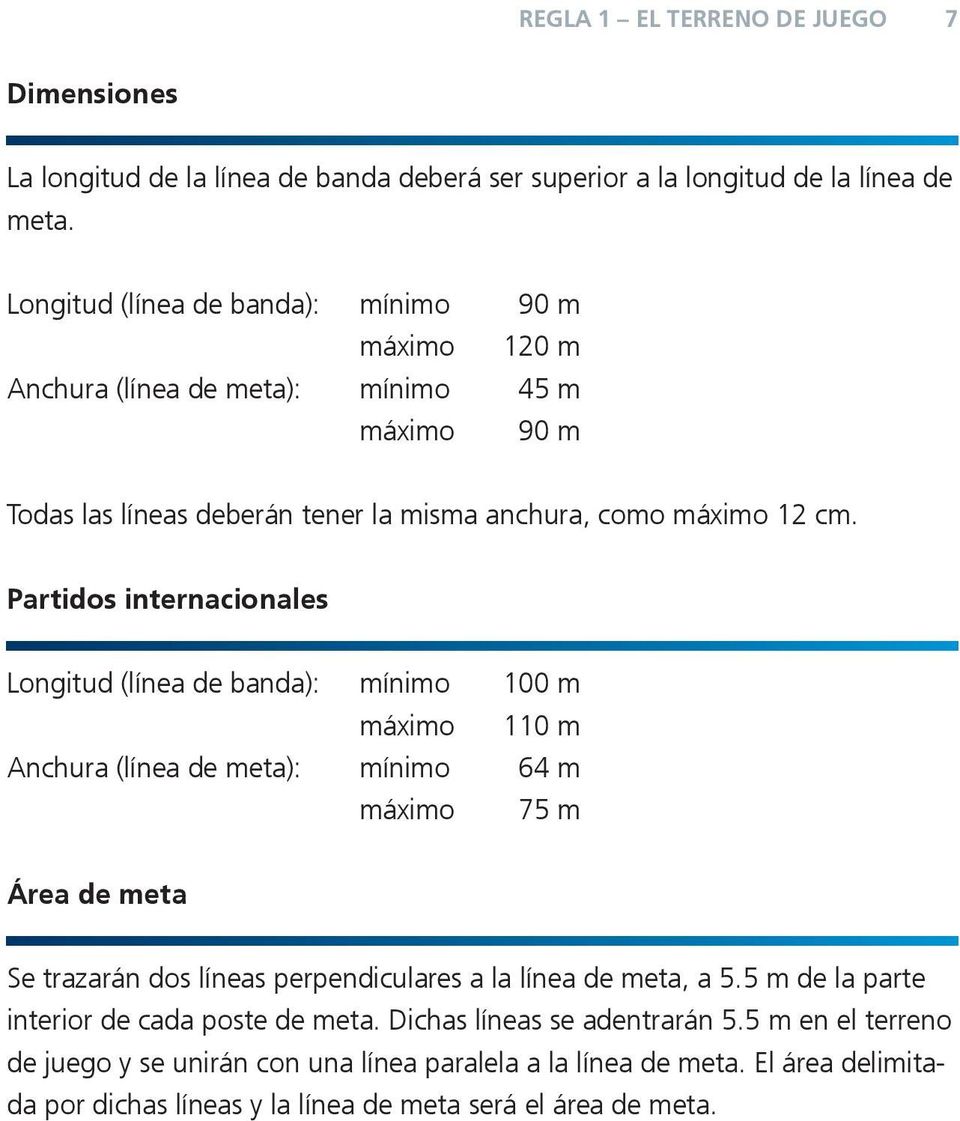 Partidos internacionales Longitud (línea de banda): mínimo 100 m máximo 110 m Anchura (línea de meta): mínimo 64 m máximo 75 m Área de meta Se trazarán dos líneas perpendiculares a la