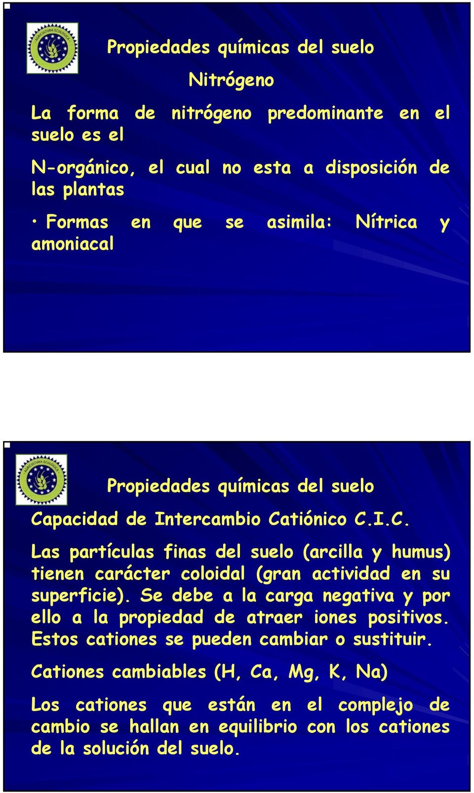 pacidad de Intercambio Catiónico C.I.C. Las partículas finas del suelo (arcilla y humus) tienen carácter coloidal (gran actividad en su superficie).
