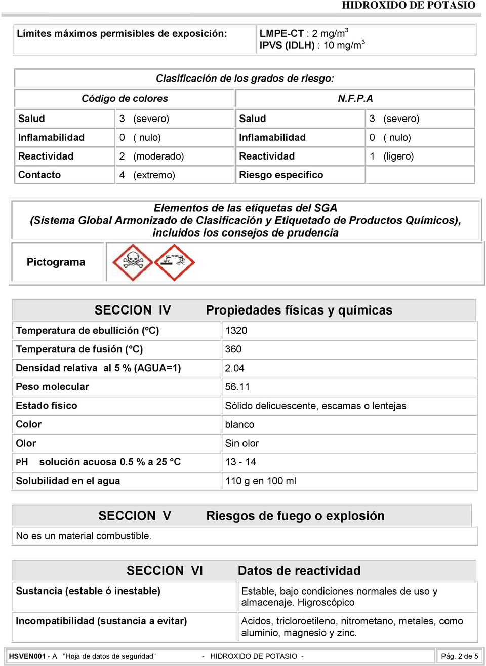 S (IDLH) : 10 mg/m 3 Clasificación de los grados de riesgo: Código de colores N.F.P.