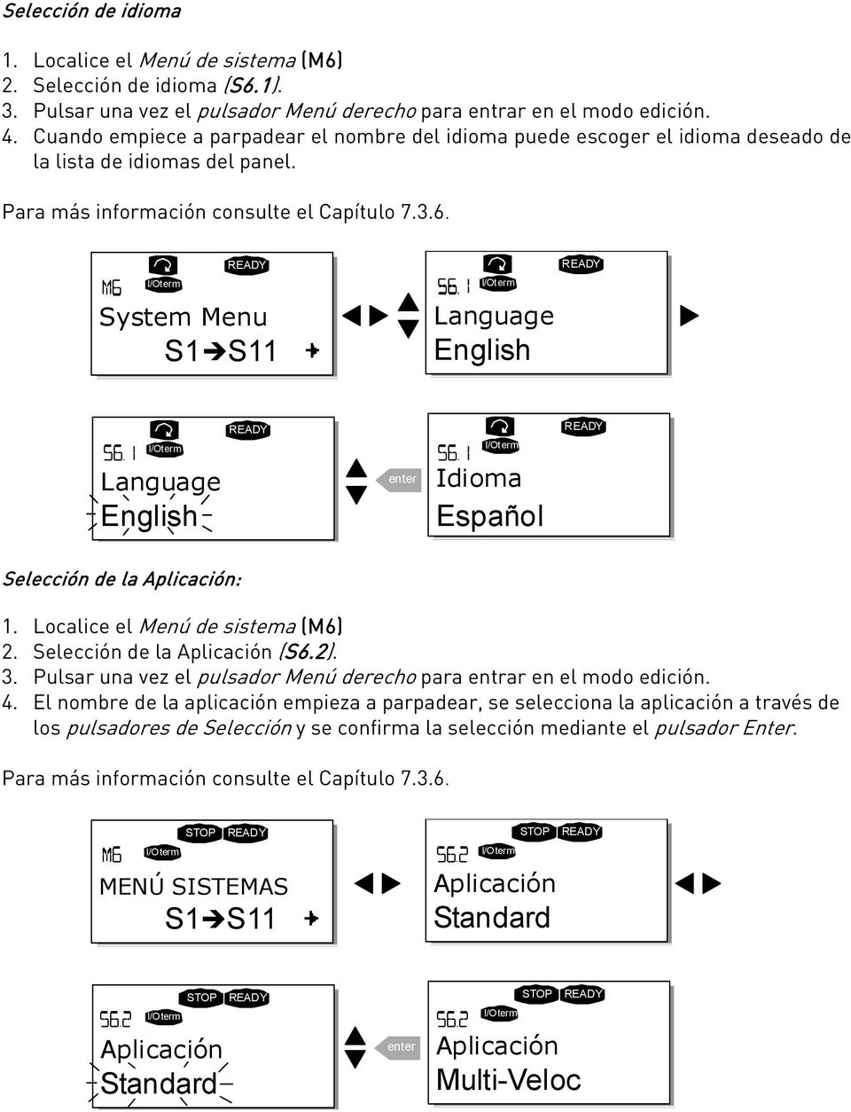 System Menu S1 S11 Language English Language English Idioma Español Selección de la : 1. Localice el Menú de sistema (M6) 2. Selección de la (S6.2). 3.