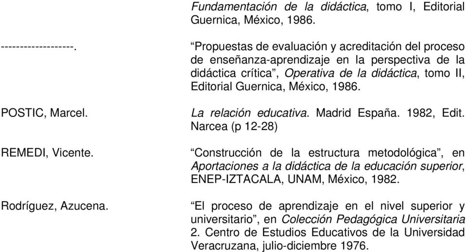 México, 1986. POSTIC, Marcel. REMEDI, Vicente. Rodríguez, Azucena. La relación educativa. Madrid España. 1982, Edit.