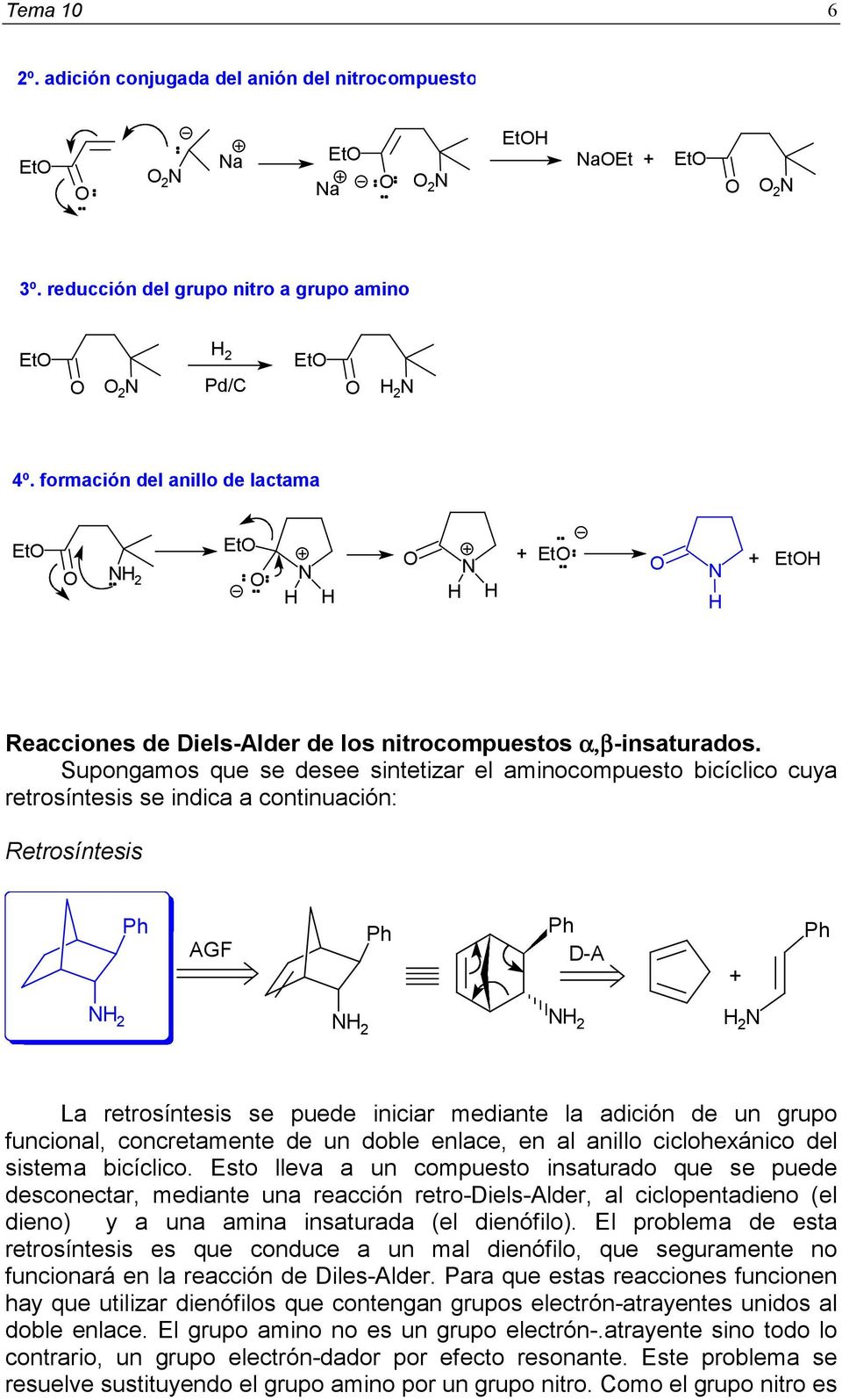 Supongamos que se desee sintetizar el aminocompuesto bicíclico cuya retrosíntesis se indica a continuación: Retrosíntesis AGF D-A + 2 2 2 2 La retrosíntesis se puede iniciar mediante la adición de un