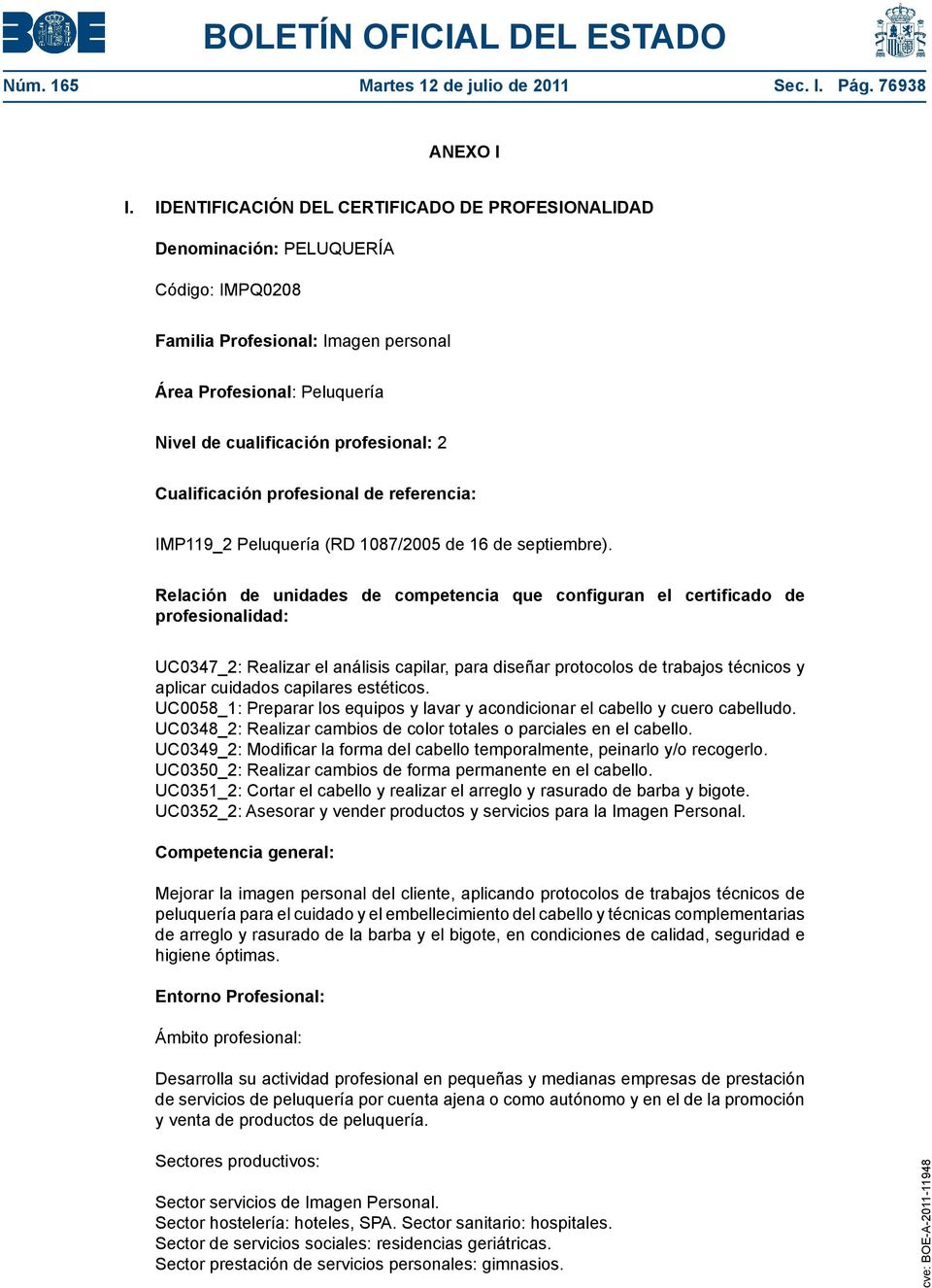 Cualificación profesional de referencia: IMP119_2 Peluquería (RD 1087/2005 de 16 de septiembre).