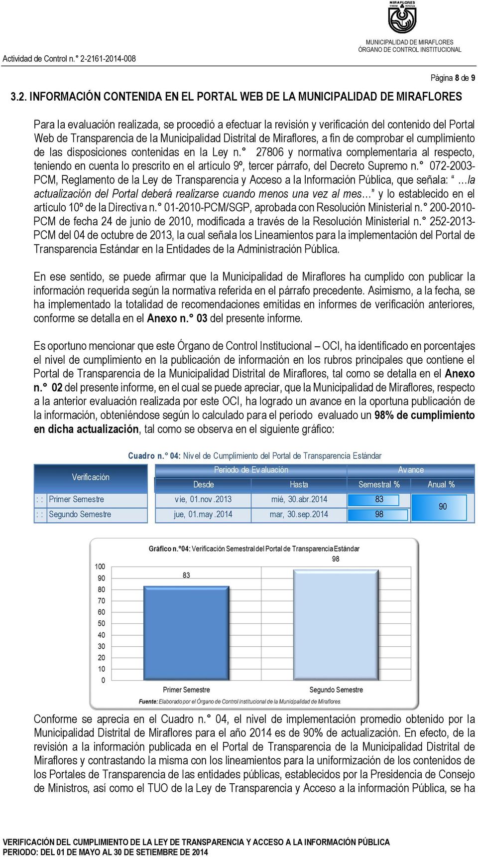 Distrital de Miraflores, a fin de comprobar el cumplimiento de las disposiciones contenidas en la Ley n.