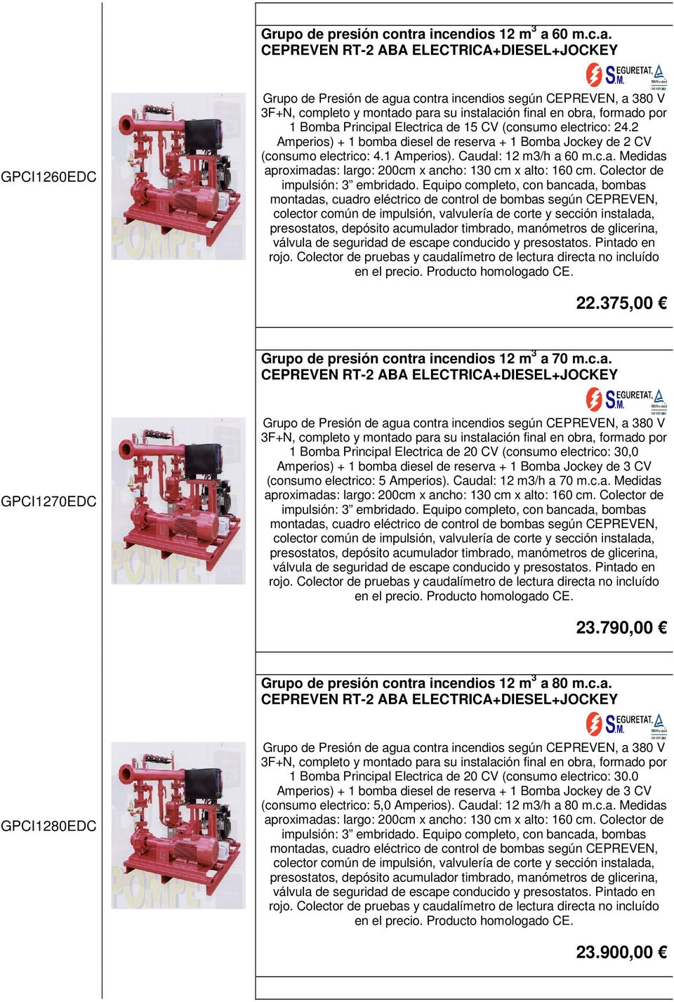 Colector de montadas, cuadro eléctrico de control de bombas según CEPREVEN, rojo. Colector de pruebas y caudalímetro de lectura directa no incluído en el precio. 22.