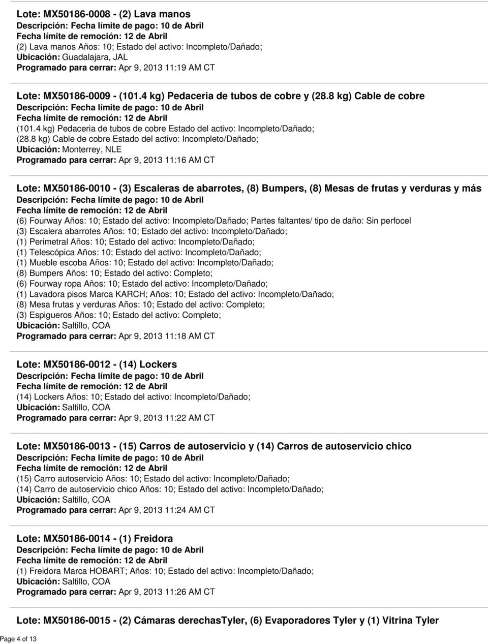8 kg) Cable de cobre Estado del : Incompleto/Dañado; Ubicación: Monterrey, NLE Programado para cerrar: Apr 9, 2013 11:16 AM CT Lote: MX50186-0010 - (3) Escaleras de abarrotes, (8) Bumpers, (8) Mesas