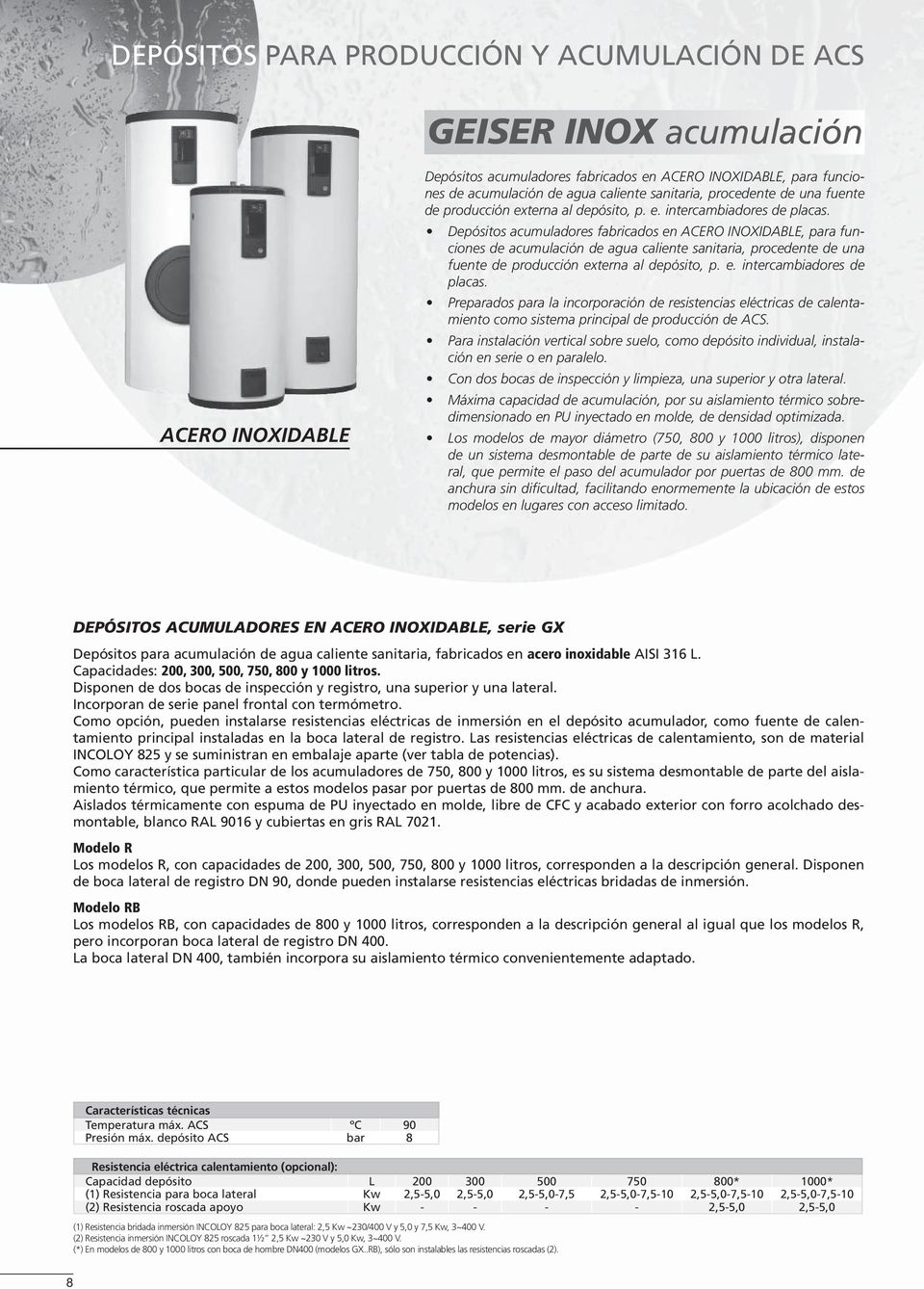 Depósitos acumuladores fabricados en ACERO INOXIDABLE, para funciones de acumulación de agua caliente  Preparados para la incorporación de resistencias eléctricas de calentamiento como sistema