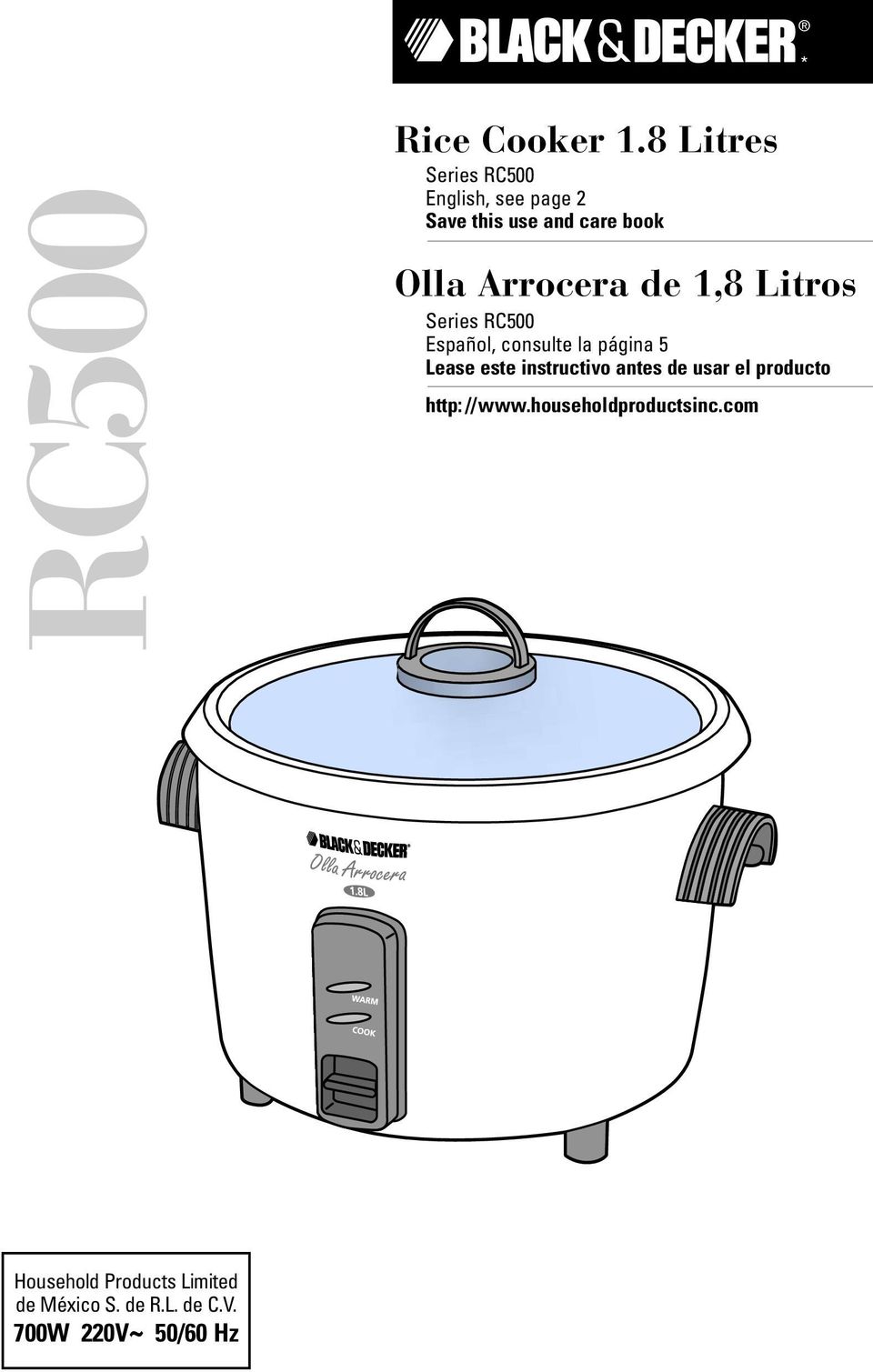 Arrocera de 1,8 Litros Series RC500 Español, consulte la página 5 Lease este