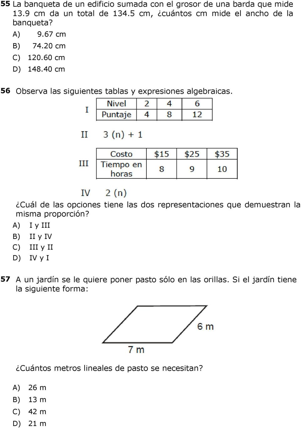 40 cm 56 Observa las siguientes tablas y expresiones algebraicas.