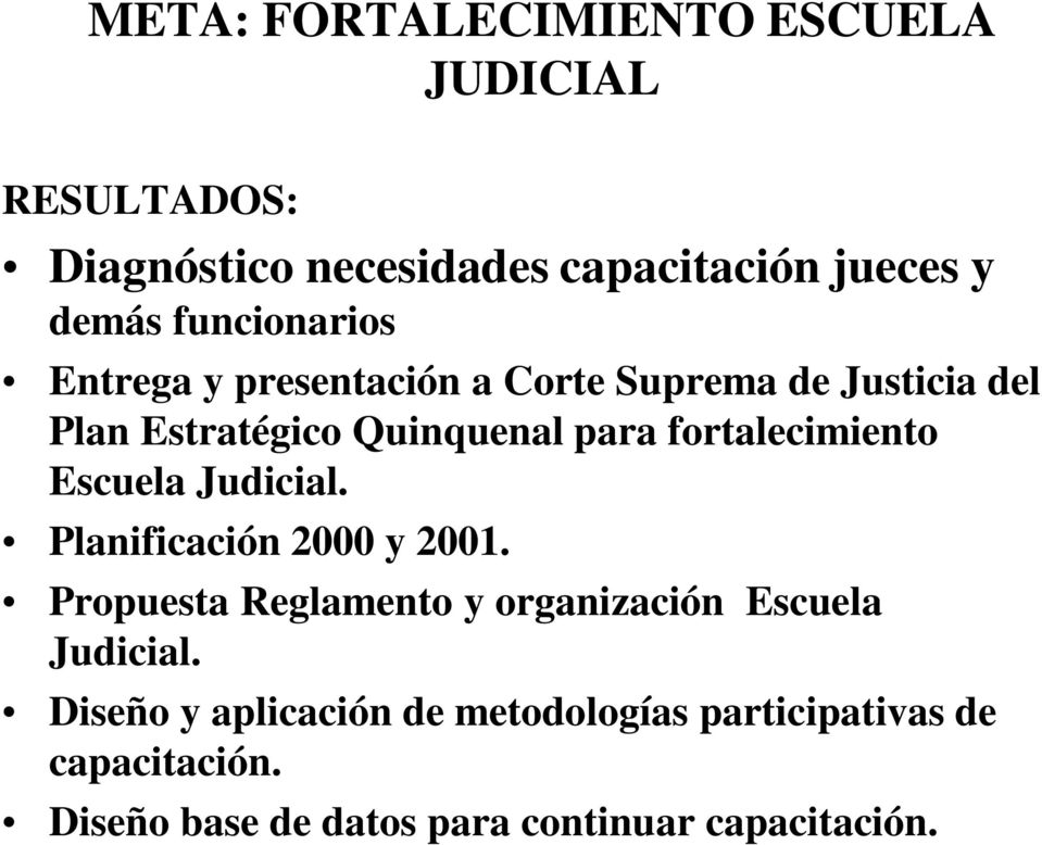 fortalecimiento Escuela Judicial. Planificación 2000 y 2001.