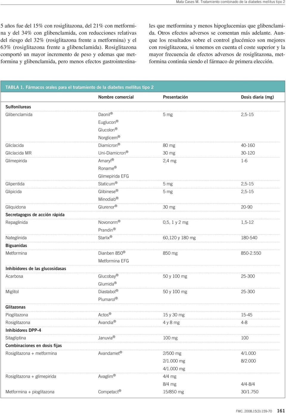 Rosiglitazona comportó un mayor incremento de peso y edemas que metformina y glibenclamida, pero menos efectos gastrointestina- les que metformina y menos hipoglucemias que glibenclamida.