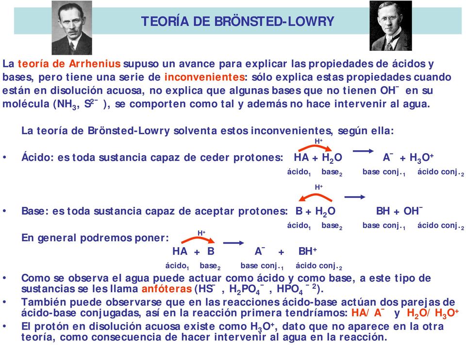 La teoría de BrönstedLowry solventa estos inconvenientes, según ella: Ácido: es toda sustancia capaz de ceder protones: HA + O A + H 3 O + ácido 1 base 2 base conj. 1 ácido conj.
