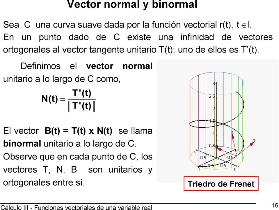 Definims el vecr nrmal uniari a l larg de C cm, N () T'() T'() El vecr B() T() x N() se llama binrmal uniari a l