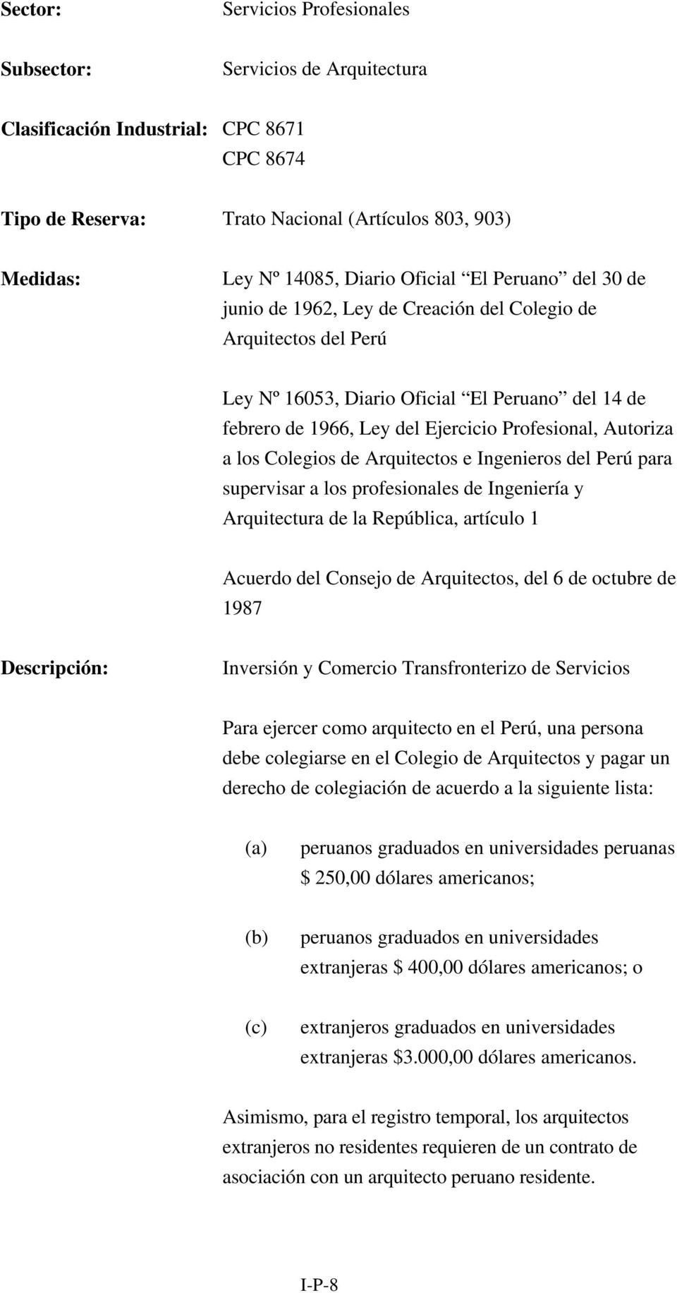 Arquitectos e Ingenieros del Perú para supervisar a los profesionales de Ingeniería y Arquitectura de la República, artículo 1 Acuerdo del Consejo de Arquitectos, del 6 de octubre de 1987 Inversión y
