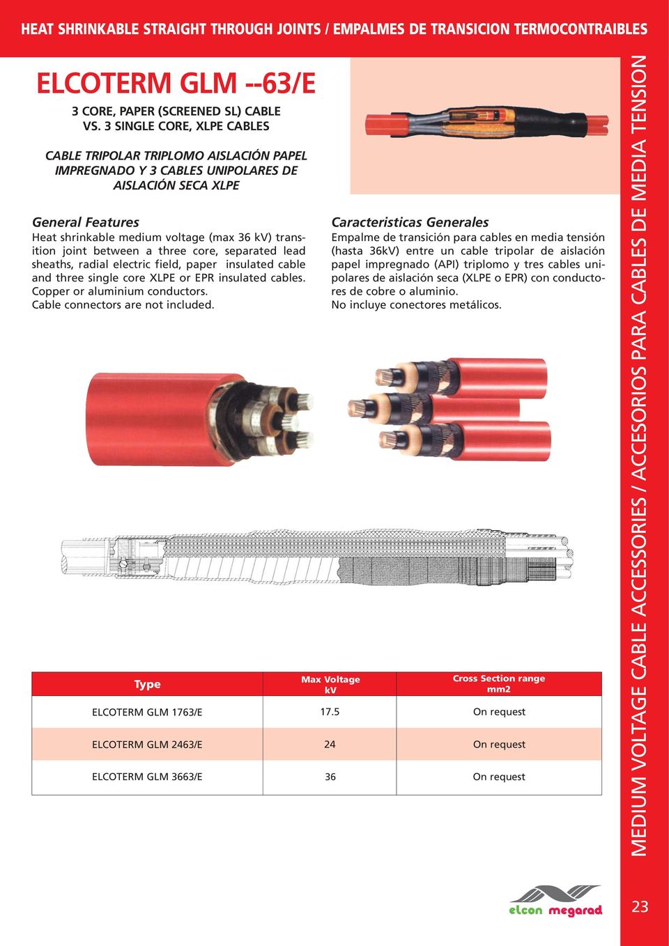 separated lead sheaths, radial electric field, paper insulated cable and three single core XLPE or EPR insulated cables. Copper or aluminium conductors. Cable connectors are not included.