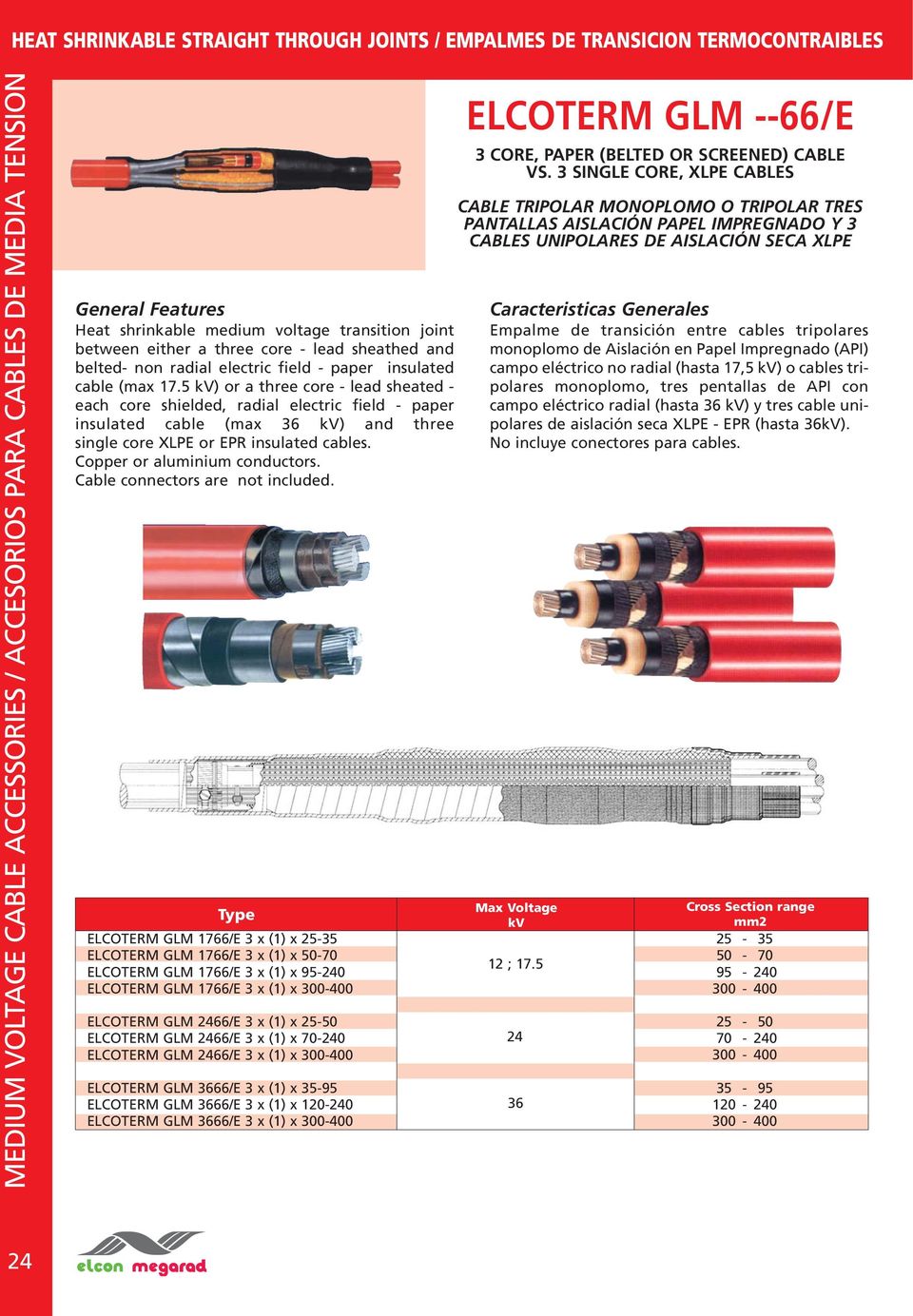 5 ) or a three core - lead sheated - each core shielded, radial electric field - paper insulated cable (max ) and three single core XLPE or EPR insulated cables. Copper or aluminium conductors.