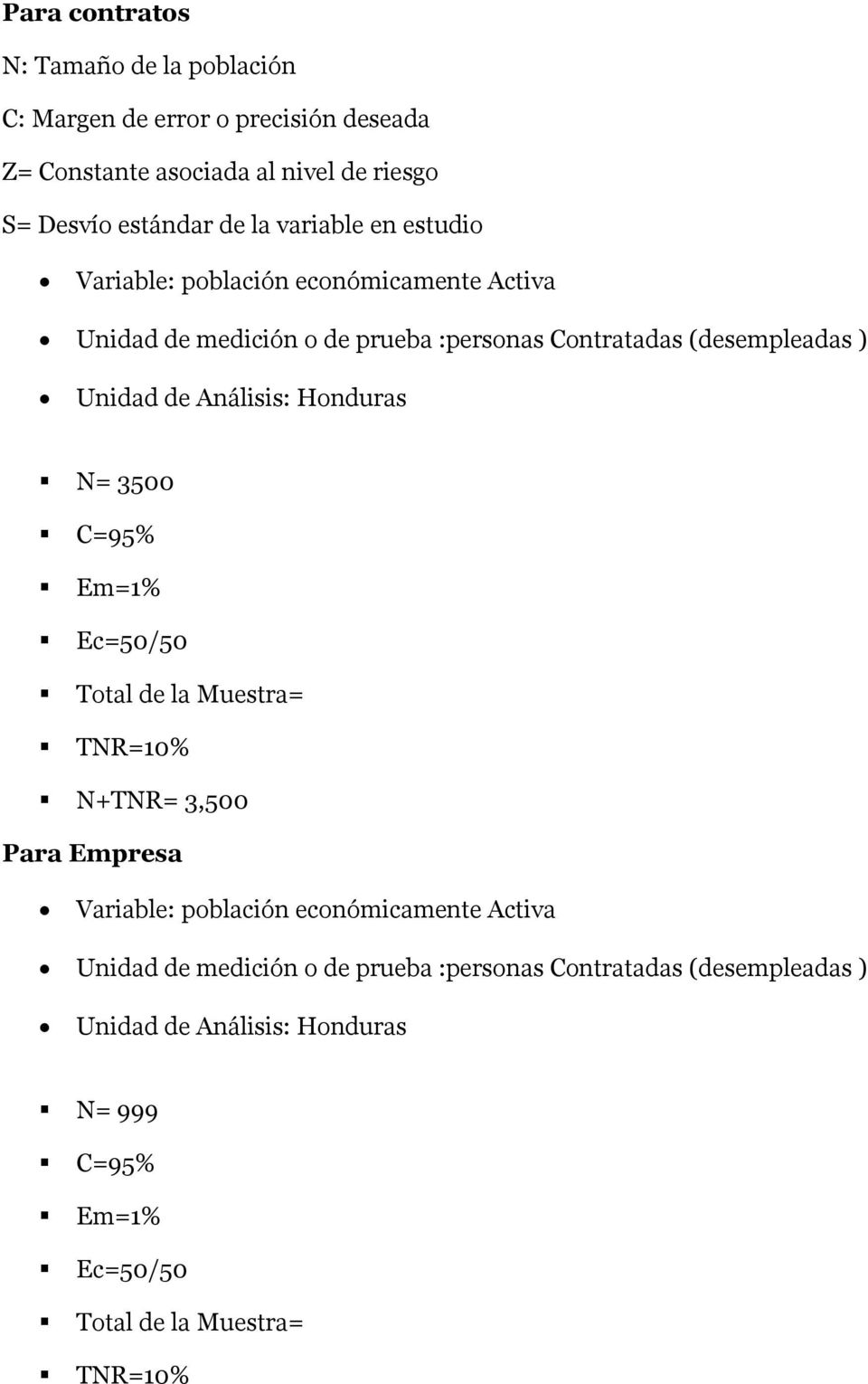 Análisis: Honduras N= 3500 C=95% Em=1% Ec=50/50 Total de la Muestra= TNR=10% N+TNR= 3,500 Para Empresa Variable: población económicamente Activa