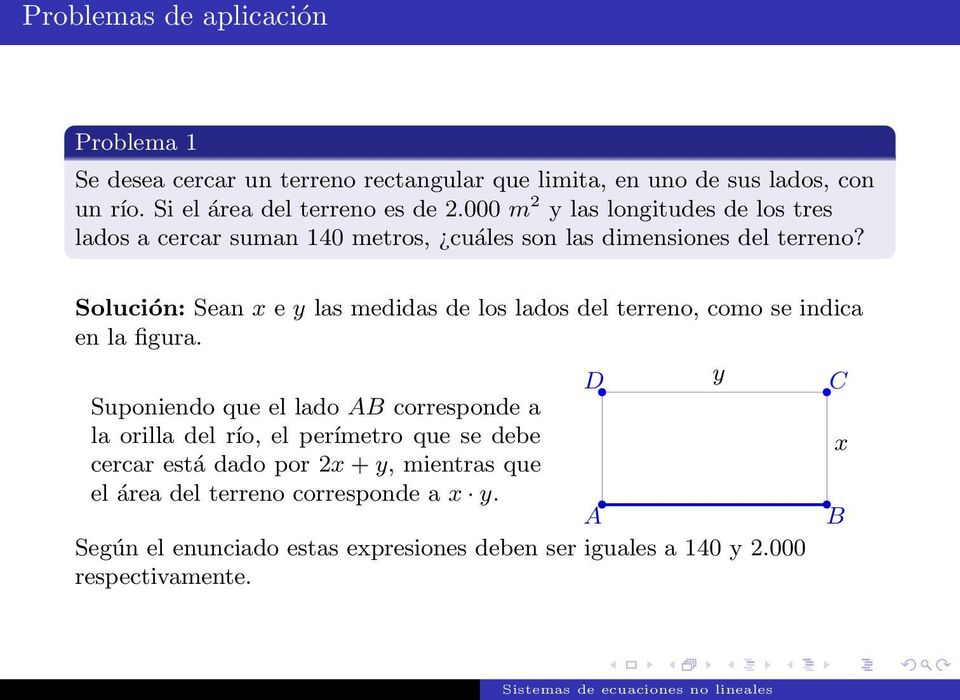 Solución: Sean x e y las medidas de los lados del terreno, como se indica en la figura.
