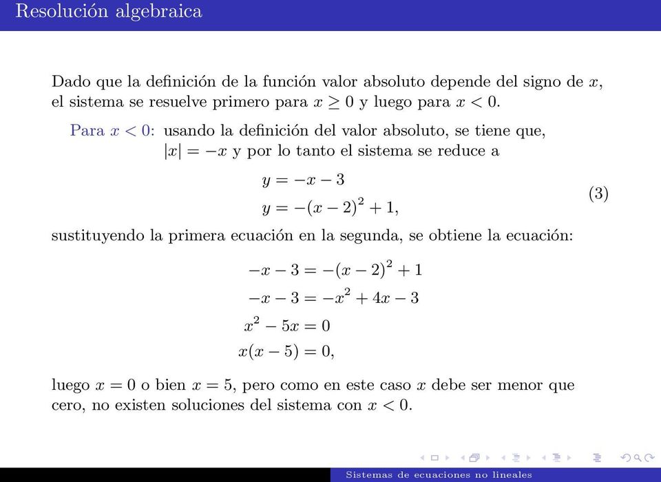 Para x < 0: usando la definición del valor absoluto, se tiene que, x = x y por lo tanto el sistema se reduce a y = x 3 y = (x 2) 2 +1,