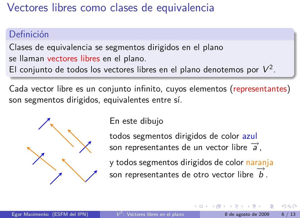 Cada vector libre es un conjunto infinito, cuyos elementos (representantes) son segmentos dirigidos, equivalentes entre sí.