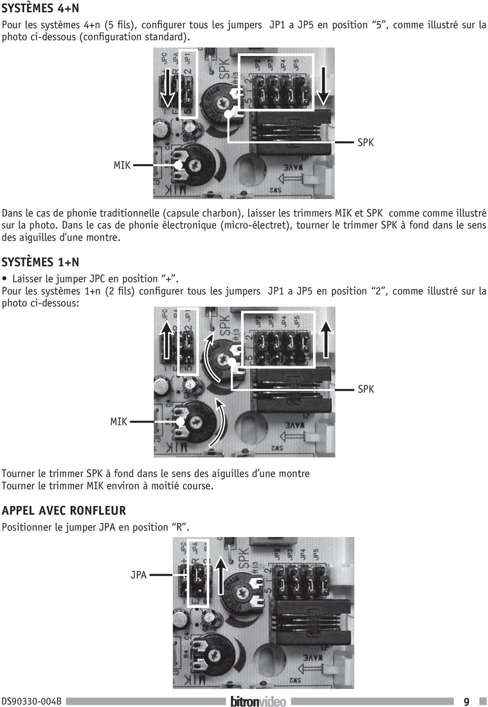 Dans le cas de phonie électronique (micro-électret), tourner le trimmer SPK à fond dans le sens des aiguilles d une montre. SYSTÈMES 1+N Laisser le jumper JPC en position +.
