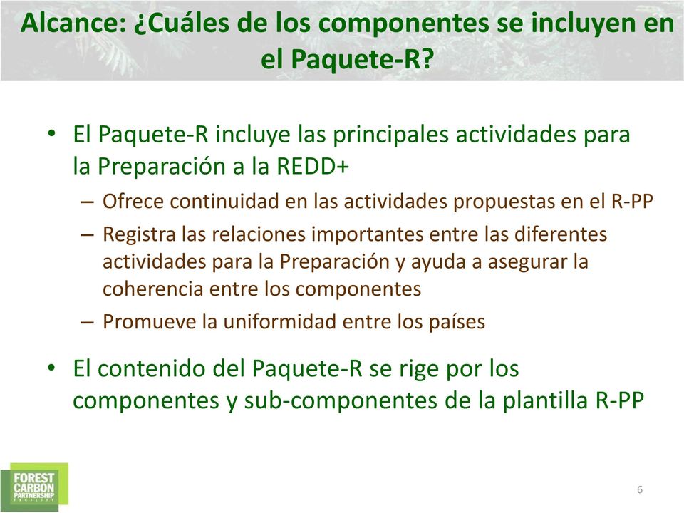 propuestas en el R-PP Registra las relaciones importantes entre las diferentes actividades para la Preparación y ayuda a