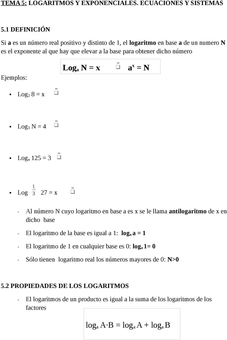 Ejemplos: Log a N = x a x = N Log 2 8 = x Log 3 N = 4 Log a 125 = 3 Log 1 3 27 = x - Al número N cuyo logaritmo en base a es x se le llama antilogaritmo de x en dicho base - El