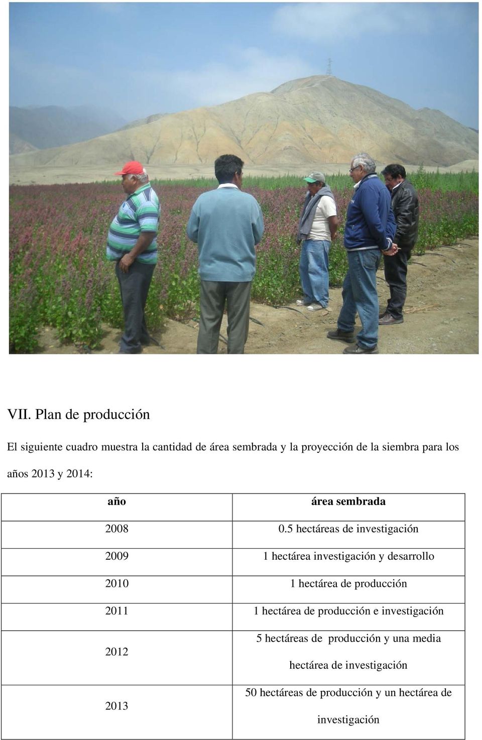 5 hectáreas de investigación 2009 1 hectárea investigación y desarrollo 2010 1 hectárea de producción 2011 1