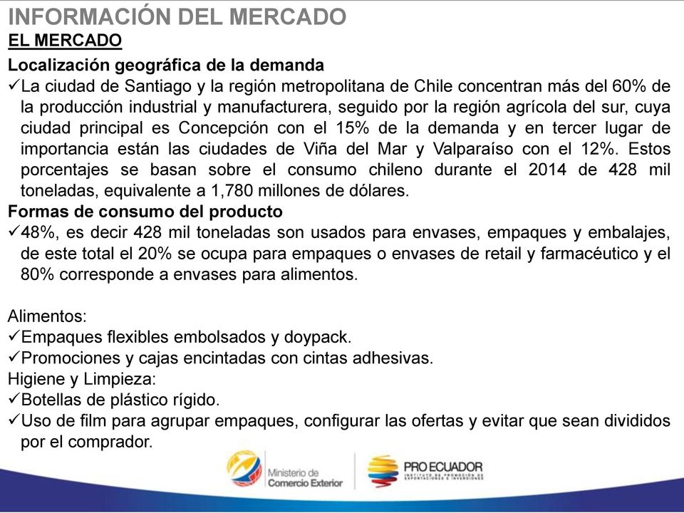 Estos porcentajes se basan sobre el consumo chileno durante el 2014 de 428 mil toneladas, equivalente a 1,780 millones de dólares.