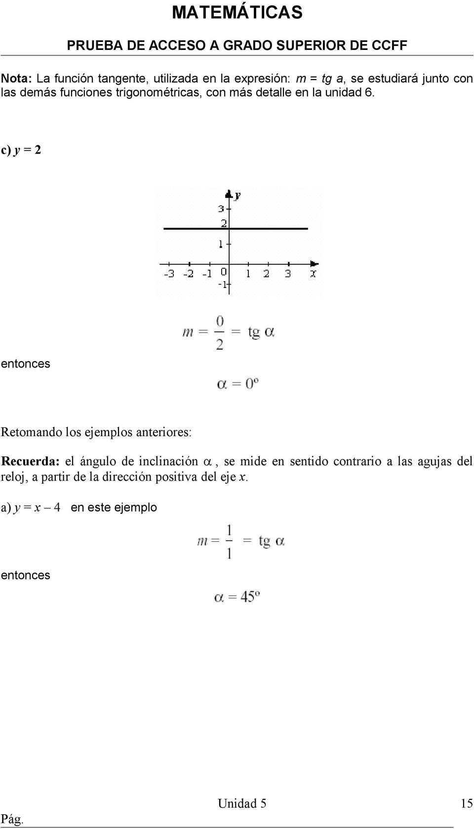 c) y = 2 entonces Retomando los ejemplos anteriores: Recuerda: el ángulo de inclinación, se