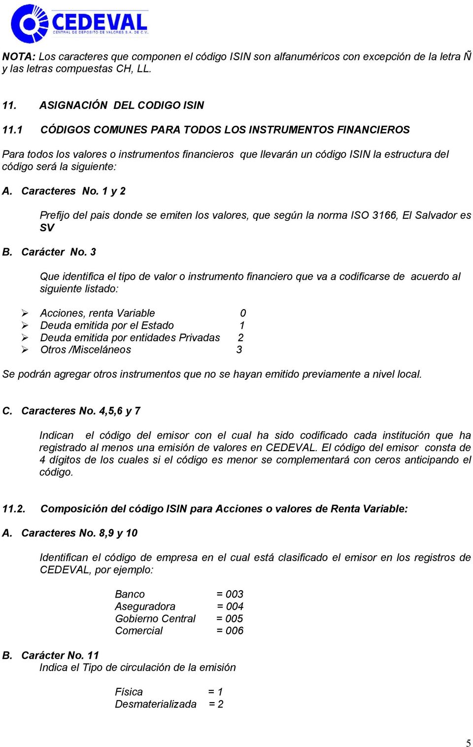 1 y 2 Prefijo del pais donde se emiten los valores, que según la norma ISO 3166, El Salvador es SV B. Carácter No.