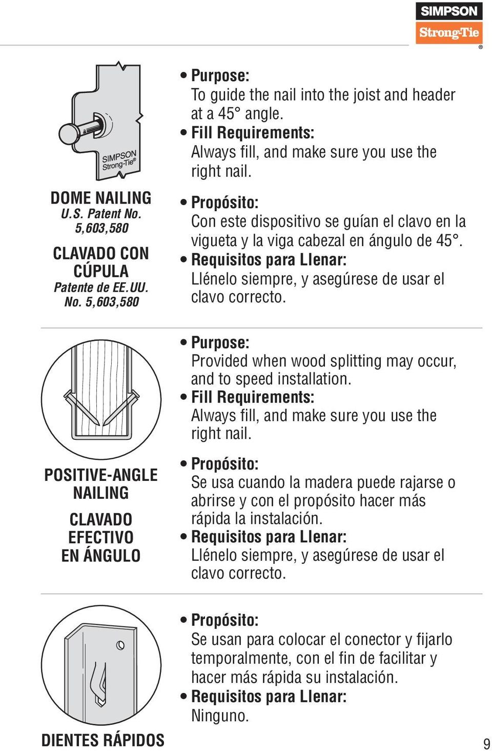 Requisitos para Llenar: Llénelo siempre, y asegúrese de usar el clavo correcto. Purpose: Provided when wood splitting may occur, and to speed installation.
