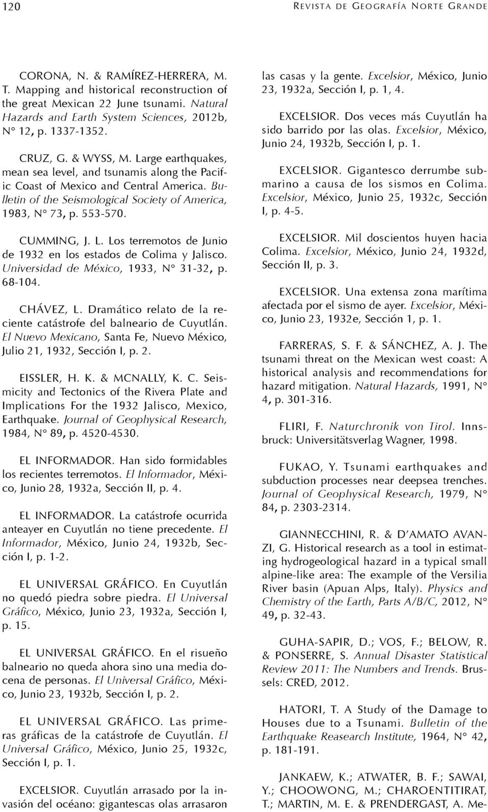 Bulletin of the Seismological Society of America, 1983, N 73, p. 553-570. CUMMING, J. L. Los terremotos de Junio de 1932 en los estados de Colima y Jalisco. Universidad de México, 1933, N 31-32, p.